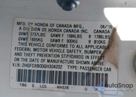 2016 Honda Civic Lx-P z USA, uszkodzony, nr VIN 2HGFC4B00GH304202